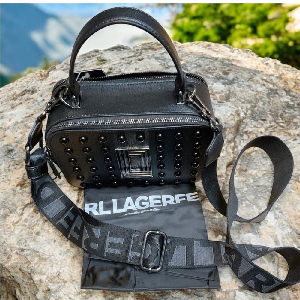 Karl Lagerfeld Black Crossbody Camera Bag with Studs. NWT